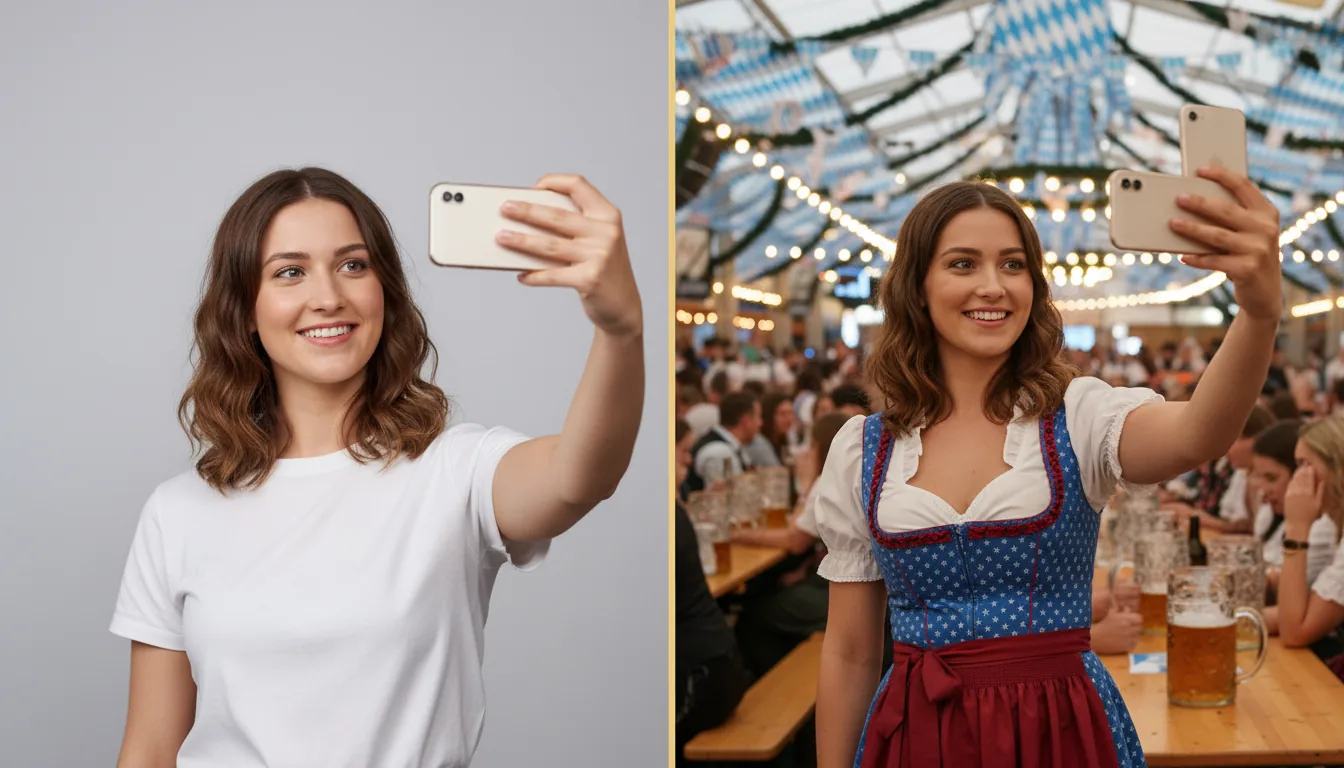 Links: normale selfie. Rechts: dezelfde persoon in dirndl op het Haarlems Oktoberfest